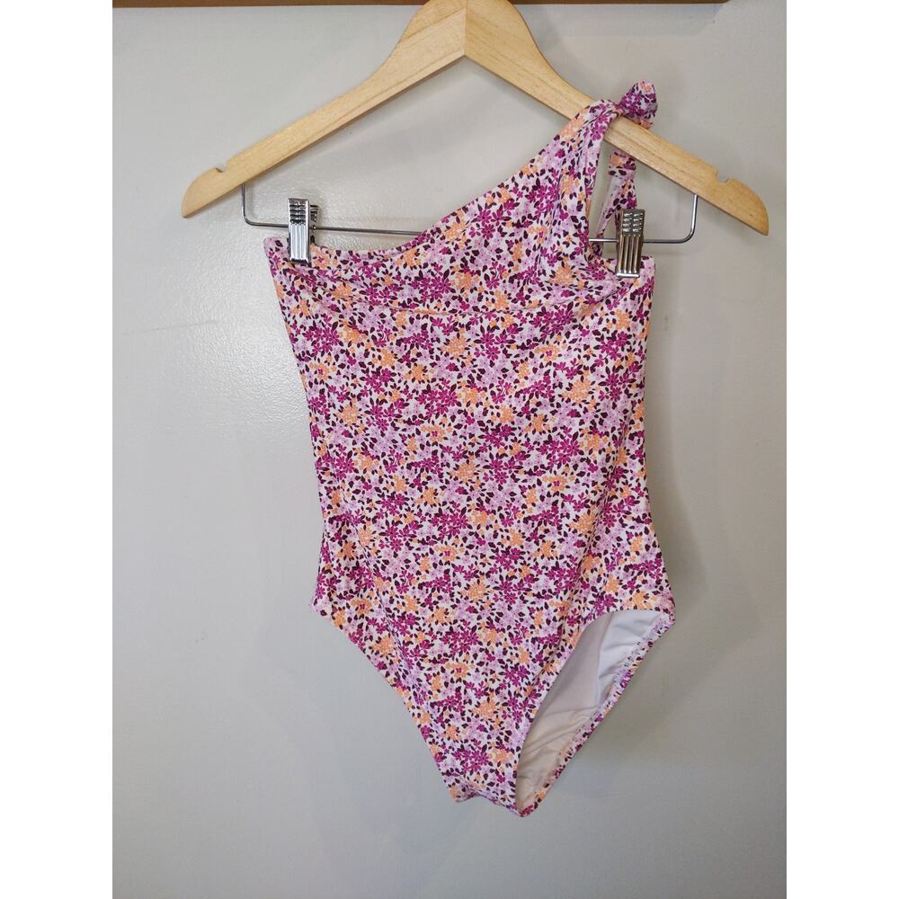 LOFT Beach One Shoulder Swimsuit Ditsy Floral Pink Purple Tie Detail Medium